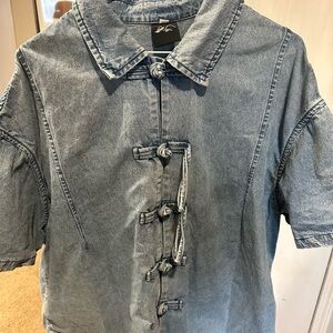 Denim Button-Up Shirt with Knot Detail